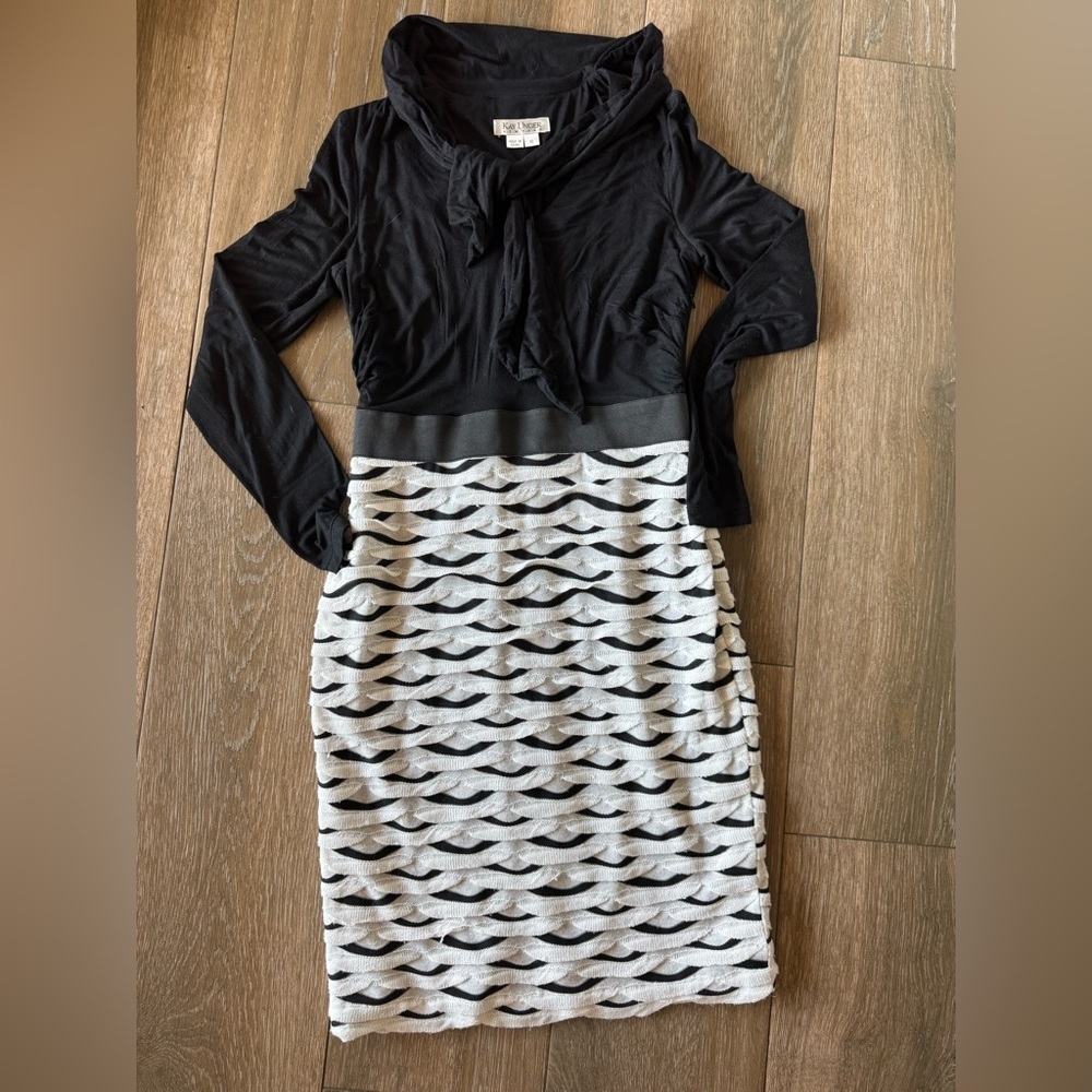 Kay Unger black/white scalloped skirt, long sleeve, lined midi dress sz 6